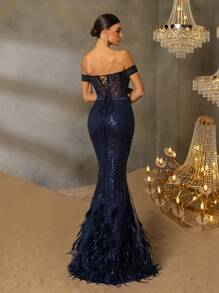 Faeriesty Elegant One-Shoulder Evening Gown With Back-Tie Closure & Mermaid Hemline Dramatic Train, And Luxurious Embellishments For Award Ceremonies, High-Fashion Weddings