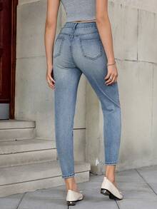 女式休闲浅蓝色水洗猫须图案粉色心形刺绣弹力紧身牛仔裤 - 淺色水洗藍 - 查看 2