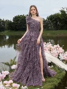 Faeriesty 奢华复古单肩豹纹薄纱晚礼服，多层荷叶边下摆 - 适合红毯、婚礼晚会、豪华晚会穿着 - 粉色 - 查看 5