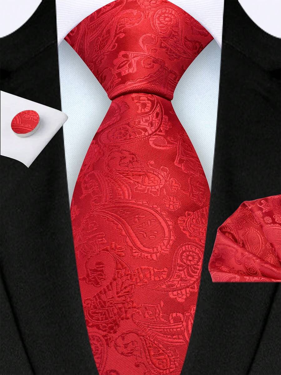 3pcs/Set Men's 8cm Wide Red Paisley Necktie, Pocket Square & Cufflinks Set, High Quality Classic Fashion Business Casual Tie Set, Gift For Men, Wedding, Christmas, Party - Red - View 1
