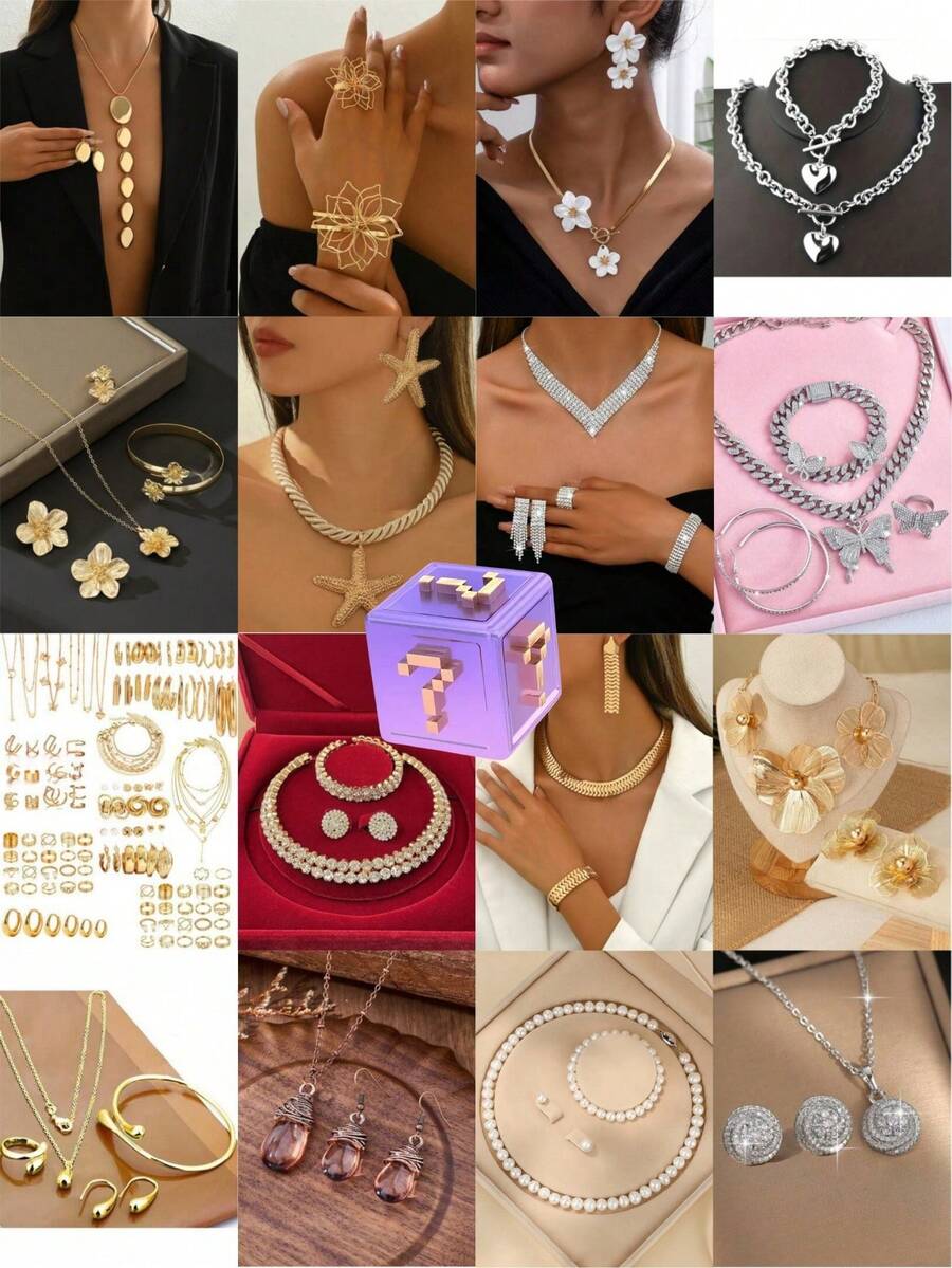 Tarro de joyería misterioso de 1 pieza al azar - Conjuntos de joyas para mujer, 1 pieza al azar de más de 1000 conjuntos de joyas que contienen una variedad de piezas de oro y plata, perfecto para regalar, caja misteriosa