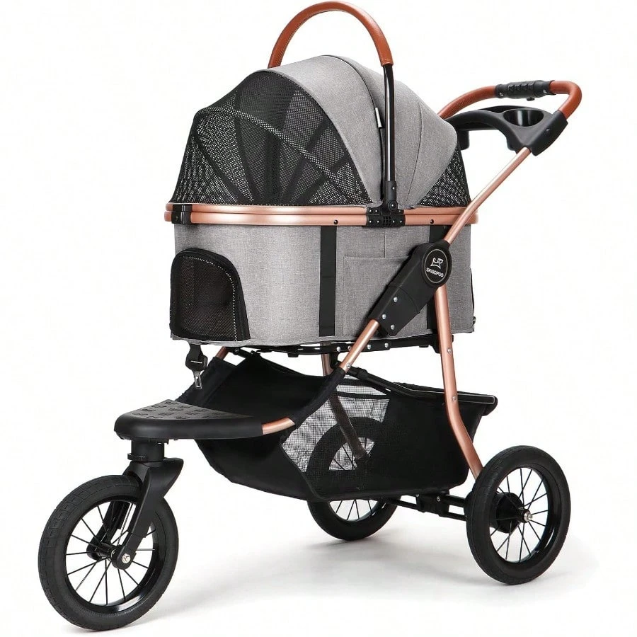 SKISOPGO ペットバギー 3輪タイプ ペットカート 分離型 犬用カート タイヤ大きい 中型犬 小型多頭用 ドッグバギー 耐荷重20KG 犬用バギー 前輪360°回転 後輪ブレーキ付 組立簡単 段差 凸凹道でも気楽に乗り越え グレー