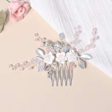 白色软陶花朵及水钻手工仿珍珠发梳，侧梳，婚礼发饰，出口欧美情人节配饰 - 銀色 - 查看 1