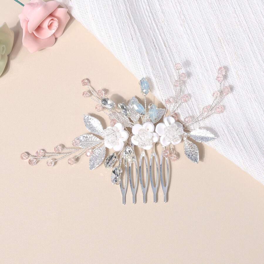白色软陶花朵及水钻手工仿珍珠发梳，侧梳，婚礼发饰，出口欧美情人节配饰 - 銀色 - 查看 1