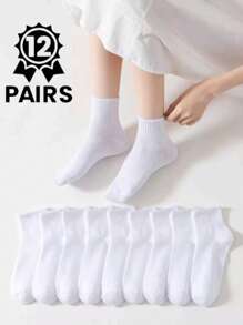 12 pares de meias brancas femininas de cano médio, confortáveis e modernas, adequadas para uso diário, esportivo e casual, podem ser usadas o ano todo.