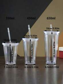 1pc Double Wall Clear Plastic Straw Cup, Insulated Milk Tea Cup - Clear - View 4