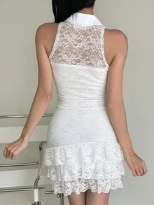 ARA CHIC Ladies' White Elegant Lace Ruffle Sleeveless Halter Bodycon Dress - Pure Desire Style Birthday & Vacation Dress - New Collection - White - View 4