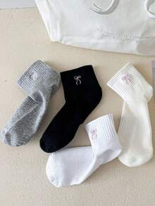 4 Pairs Women's Solid Color Mid-Calf Socks, Seasonal Socks, Cute Bow Mid-Calf Socks, Sweet & Cute Mid-Calf Socks, Comfortable Sports Socks, Suitable For Daily Casual Wear, Cute Sweet Pure Style, Suitable For Indoor And Outdoor Activities