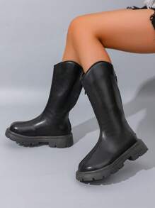 Girls' Fashion Vintage Mid-Calf Boots, Thermal Lined Warm Riding Boots For Kids Aged 5-18, Simple Versatile Soft Comfortable Leather Anti-Slip Durable Rubber Sole, Easy Wear Children Long Boots, Outdoor Play Black Matte High Tube Boots Spring/Autumn 2025 New