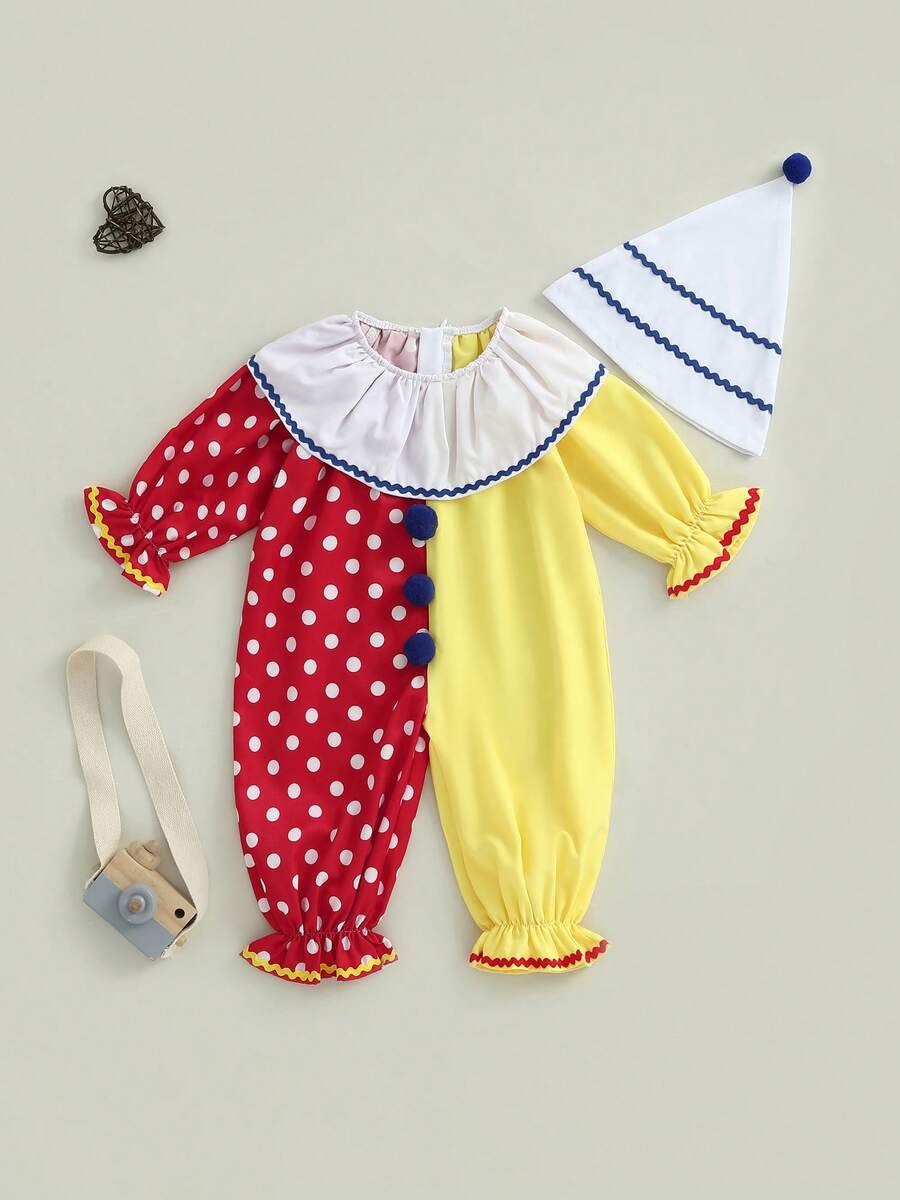 Toddler Baby Boys Girls Halloween Clown Costume Long Sleeve Contrast Color Ruffle Layered Jumpsuit Romper With Hat - 紅色 - 查看 1