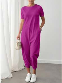 Enterizo mono jumpsuit mujer dama  manga corta cuello redondo corte relajado color lila bolsillos laterales tejido suave cómodo estilo casual moderno versátil para uso diario    Bolsillo  aberturas - Rosa Fucsia - Ver 3