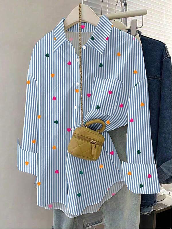 Odzież damska na jesień/zimę, koszula casualowa z długim rękawem w paski z blokami kolorów, cyfrowy nadruk w kształcie serca, kołnierzyk z klapami, guziki z przodu, odpowiednia na co dzień, na Halloween i święta