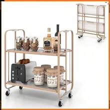 2-Tier Foldable Kitchen Bar Cart Mobile Tempered Glass Serving Cart W/ Handle - Multicolor - View 1