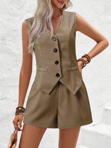 Conjunto de chaleco corto con cuello en V y botones embellecidos para mujer conjunto mujer, conjuntos elegantes para dama, conjuntos elegantes para dama, conjunto de dos piezas para mujer con top y pantalones cortos de colores sólidos, sencillos y casuales.