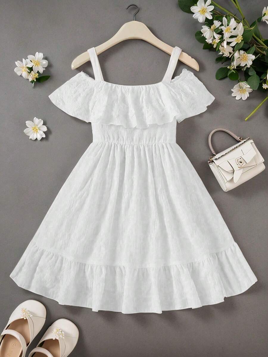 Girls' White Mid-Length Elegant Fashion Versatile Sleeveless Dress, Suitable For Daily, Party And Vacation Wear, Summer - White - View 1