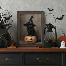 1pc/set áp phích vải in hình mèo đen bí ngô Halloween ma quái, áp phích mèo đen mũ phù thủy cổ điển, tranh vải sáng tạo áp phích và in hình nghệ thuật treo tường cho phòng khách hiện đại, quà tặng trang trí nhà cửa, không có khung - Nhiều màu - Xem 3