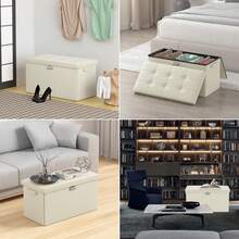 Storage Ottoman Bench,Fireproof Folding Storage Bench With Lock,30 Inches Fire&Water Resistant Storage Chest Foot Rest Stool Leather Bedroom Bench With Storage Safe For Document,Valuables,Beige - Beige - View 6