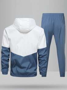 بدلة رياضية للرجال للربيع والخريف مع جاكيت ذات كابوشون، تصميم مطبوع، خصر بسحاب، بنطلون طول الكاحل مناسب للأنشطة اليومية والترفيهية والرياضات الخارجية كالجري والتخييم والتنزه والدراجات، طقم مكون من قطعتين. - الأزرق - مشاهدة 4