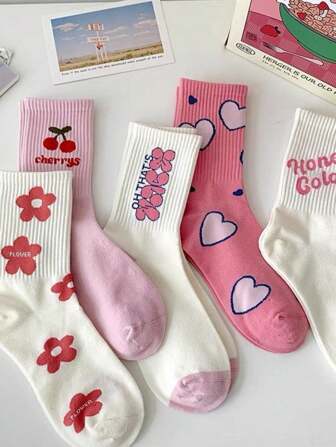 3 paires de chaussettes mi-mollet roses mignonnes de style écolière
