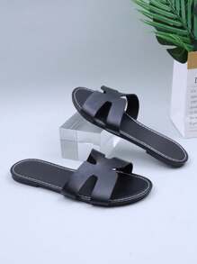 1 par de sandalias planas con diseño de "H" de estilo europeo y americano para adolescentes/mujeres de talla grande, de piel sintética (PU) con puntera abierta, antideslizantes, cómodas, aptas para uso en casa, exterior y playa