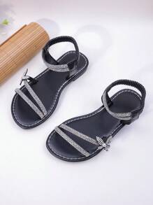 Rhinestone Bow Decor Girls Sandals, Black Minimalist Style With Elastic Strap, Fashionable Princess Shoes