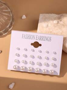 12pcs/Set Faux Pearl Stud Earrings, Suitable For Daily Wear - White - View 2