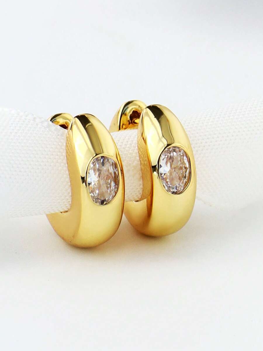 Charm-In 一对简约 18K 镀金黄铜 C 形环状耳环，镶嵌闪亮方晶锆石，情人节礼物 - C形 - 查看 1