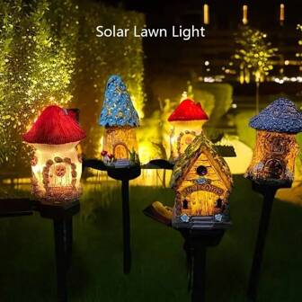 [ Solar Powered + IP67 Waterproof ] Resin Mushroom House Garden Stake Light - Fairy Tale Garden Decor, Outdoor Lawn Yard Pathway Waterproof Lamp, 20 Years Ultra Long Lifespan