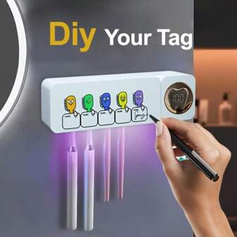 1pc Wall-Mounted Smart Toothbrush Holder: 5 Toothbrush Slots + Razor Holder, Whimsical Toothbrush Pattern & Name Tag, Simple White Color, Type-C Rechargeable With Timer & Battery Level Display, 2000mAh Capacity, 3-Light Toothbrush Cleaner, Suitable For Bathroom Organization