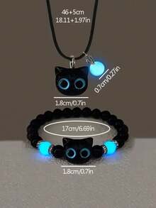 2pcs Glow-In-The-Dark Cute Black And White Cat Necklace Bracelet Set Cartoon Kitten Couple Romantic Jewelry Set