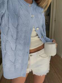 Women's Solid Color Casual Minimalist Cable Knit Cardigan, Suitable For Spring And Autumn