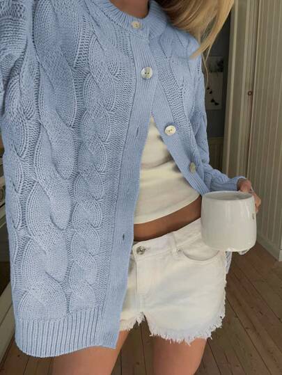 Women's Solid Color Casual Minimalist Twist Knit Cardigan, Suitable For Spring And Autumn