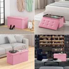Storage Ottoman Bench,Fireproof Folding Bench With Lock,30 Inches Fire&Water Resistant Storage Chest Foot Rest Stool Leather Bedroom Ottoman Safe For Documents,Valuables, Pink - 玫紅色 - 查看 7