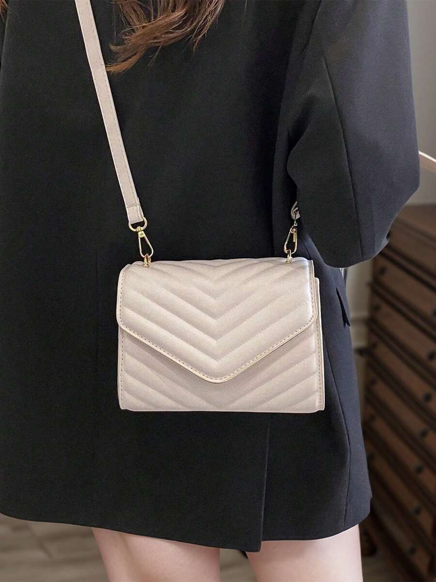 时尚压花翻盖迷你斜挎包，简约实用，多功能 - 米色 - 查看 1