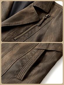 Men's Casual PU Leather Motorcycle Jacket With Notched Collar, 3-Button Design, Vintage Distressed Looks, Suitable For Business, Casual, Party, Autumn/Winter