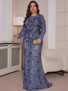 hezixi Plus Size Elegant Party Sequin Embroidery Long Dress