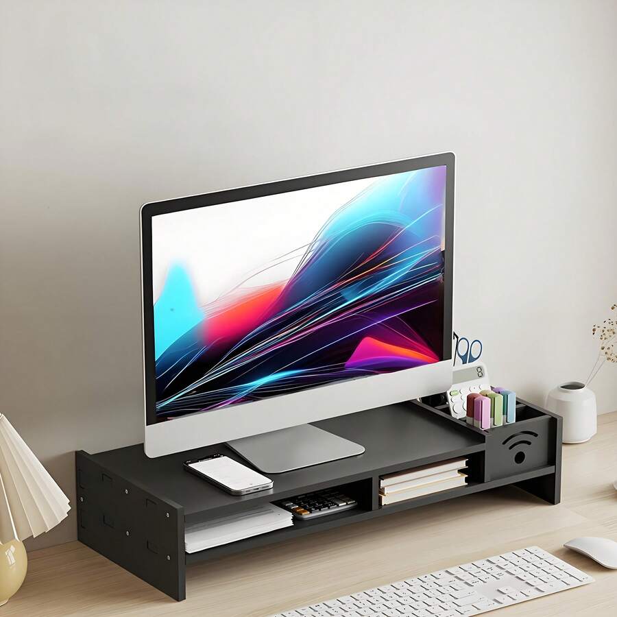 1pc Monitor Riser Stand With Storage Compartments, Ergonomic Neck Support Multi-Slot Display Stand, (Black/White) Pen Slot + Bottom Storage Space, Adjusts Comfortable Viewing Distance And Organizes Office Supplies, Desktop Organizer For Daily Office/Home Office/Workplace - Multicolor - View 1