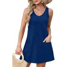 OFEEFAN Womens Summer Dresses 2025 V Neck Sleeveless Sundresses With Pockets Beach Vacation Clothes Floral/Plain - B 純海軍藍 - 查看 2
