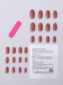 24pcs Oval-Shaped Full Cover Burgundy Red False Nails With 1pc Nail File & 1pc Jelly Gel, Press-On Nail Set Suitable For Girls & Women, Daily Wear & Summer Manicure