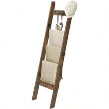 Worth Having, New 5-Tier  Ladder Shelf For Living Room, Decorative Quilt Rack With 4 Removable Hooks,Farmhouse Ladder Holder Organizer For Bedroom, Rustic Brown
