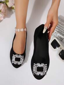 Bailarinas clásicas con punta redonda y detalle de lazo para mujer - Zapatos planos de suela blanda y deslizables, livianos y cómodos - Diseño de lazo a la moda que muestra elegancia - Clásico, elegante, versátil - Hebilla cuadrada de punta negra - Ver 1