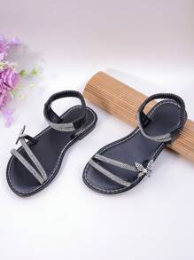 Rhinestone Bow Decor Girls Sandals, Black Minimalist Style With Elastic Strap, Fashionable Princess Shoes
