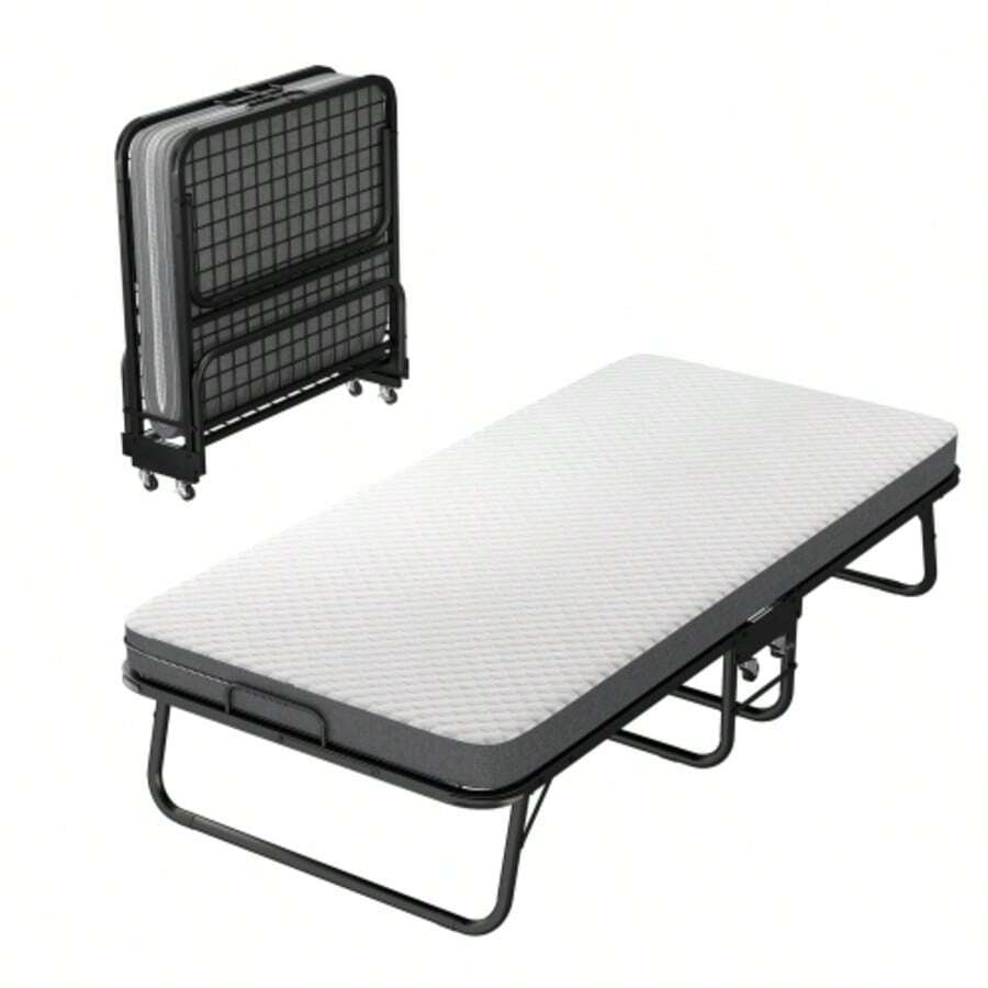 Folding Bed 90x190cm With 4 Castors, Foldable Guest Bed For Adults With 10cm Memory Foam Mattress, Dust Cover, Castors, Black - 黑色 - 查看 1