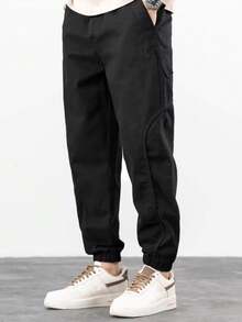 Mens Trousers Popular Casual Slim Fit Solid Color Pocket Cargo Pants Loose Wide Leg Straight Elastic High Waisted Pantalones - 黑色 - 查看 1