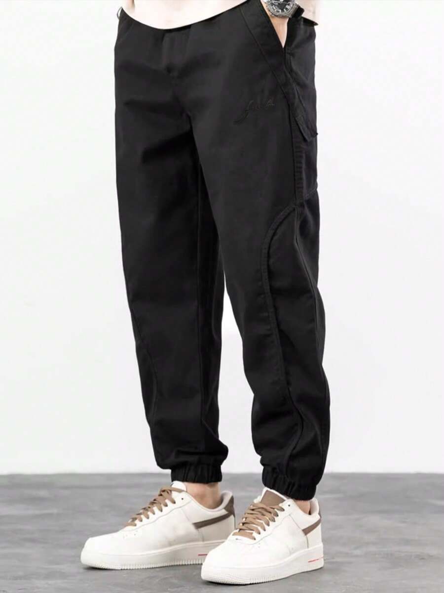 Mens Trousers Popular Casual Slim Fit Solid Color Pocket Cargo Pants Loose Wide Leg Straight Elastic High Waisted Pantalones - 黑色 - 查看 1