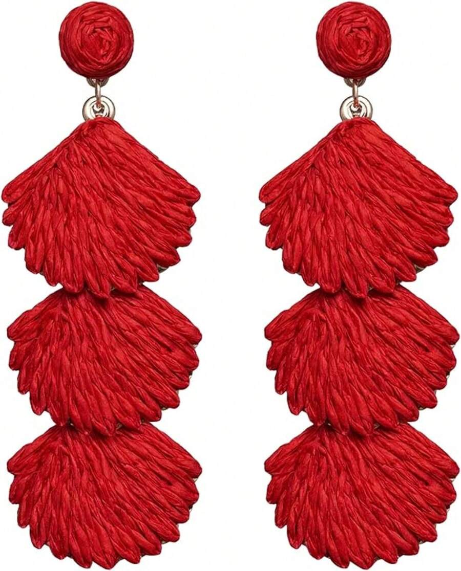 Raffia Dangle Earrings Women - Boho Statement Rattan Drop Jewelry With Design, Lightweight Summer Beach Accessories - Red - View 1