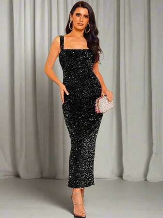 Missord Zip Back Sequin Formal Dress Black Elegant Prom Evening Wedding Guest Gown, For Graduation, Dinner Party Dress