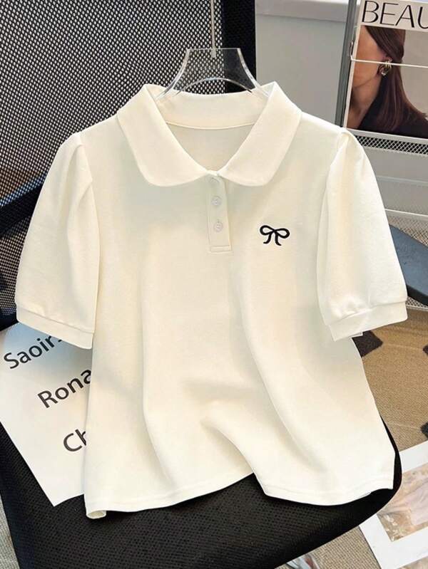 Girls' Polo Shirt With Pearl Embroidered Butterfly, Collared Top For Back To School Season