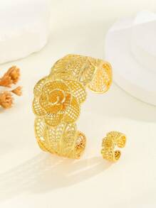 2pcs Vintage Elegant 18K Gold Plated Hollow Floral Women Bracelet Rings Jewelry Set, Suitable For Daily, Festival Wear, Party Or Wedding Gift