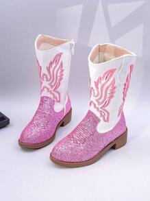 1 Pair Kids Boots, Pink Sequined Embroidered Western Cowboy Boots, Mid-Calf Zipper, Chunky Heel, Suitable For Daily And Holiday Wear